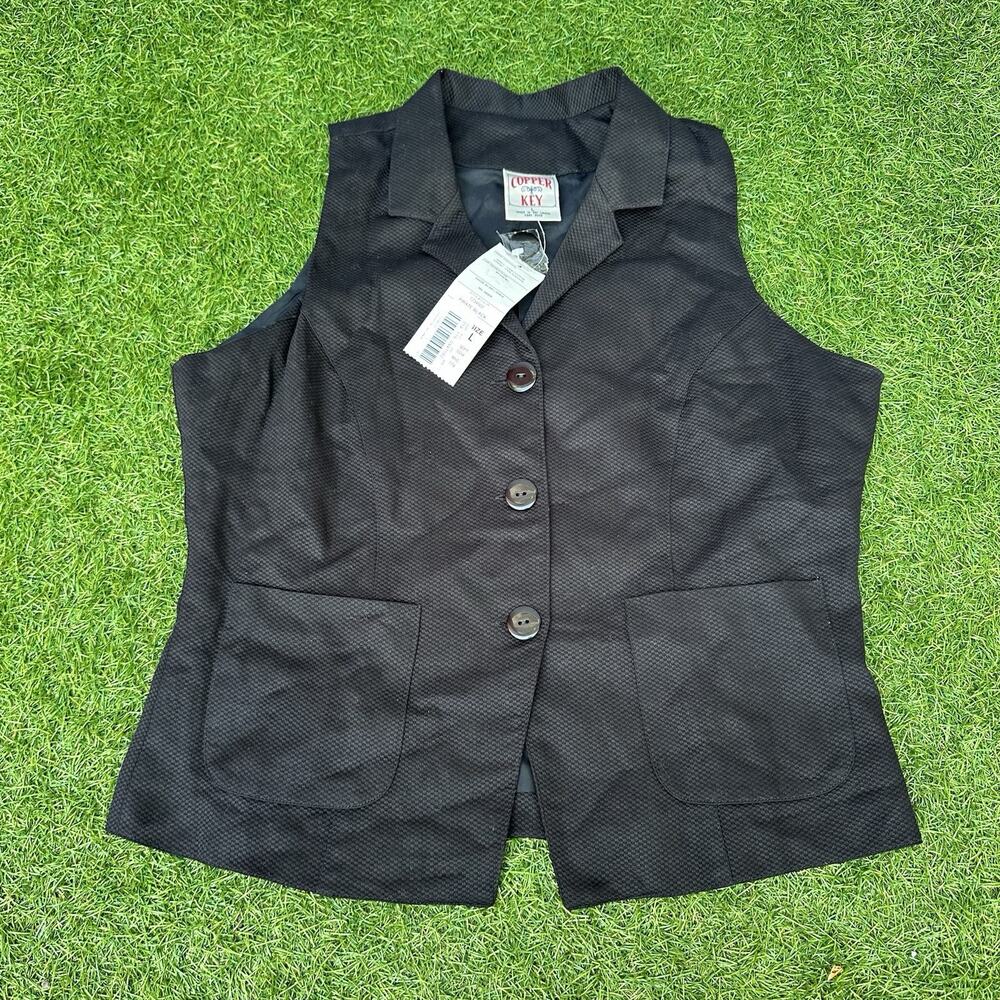 Vtg Y2K Copper Key Vest Womens Large Black Button Up Indie Western Cottagecore